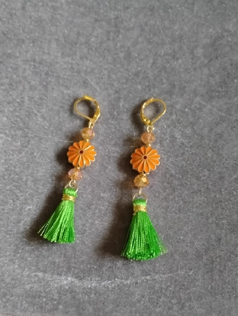 Hand Crafted Green Tassel & Orange Enamel Flower Dangle Earrings